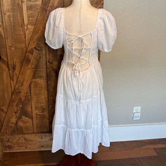 White Smocked Puff Sleeve Open Back Midi Dress - Size XL - Picture 1 of 9